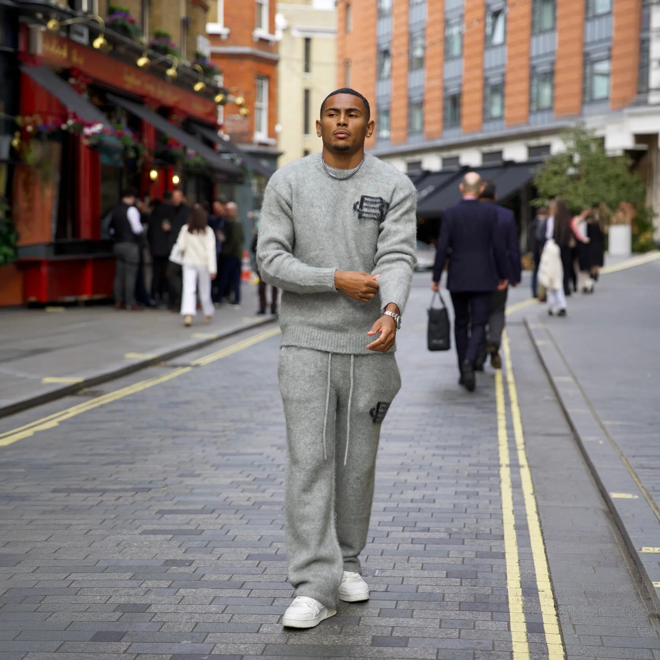 Model View of Bénir Clothing Mohair Knit BC Light Grey Sweatpants MOJOGLGRY